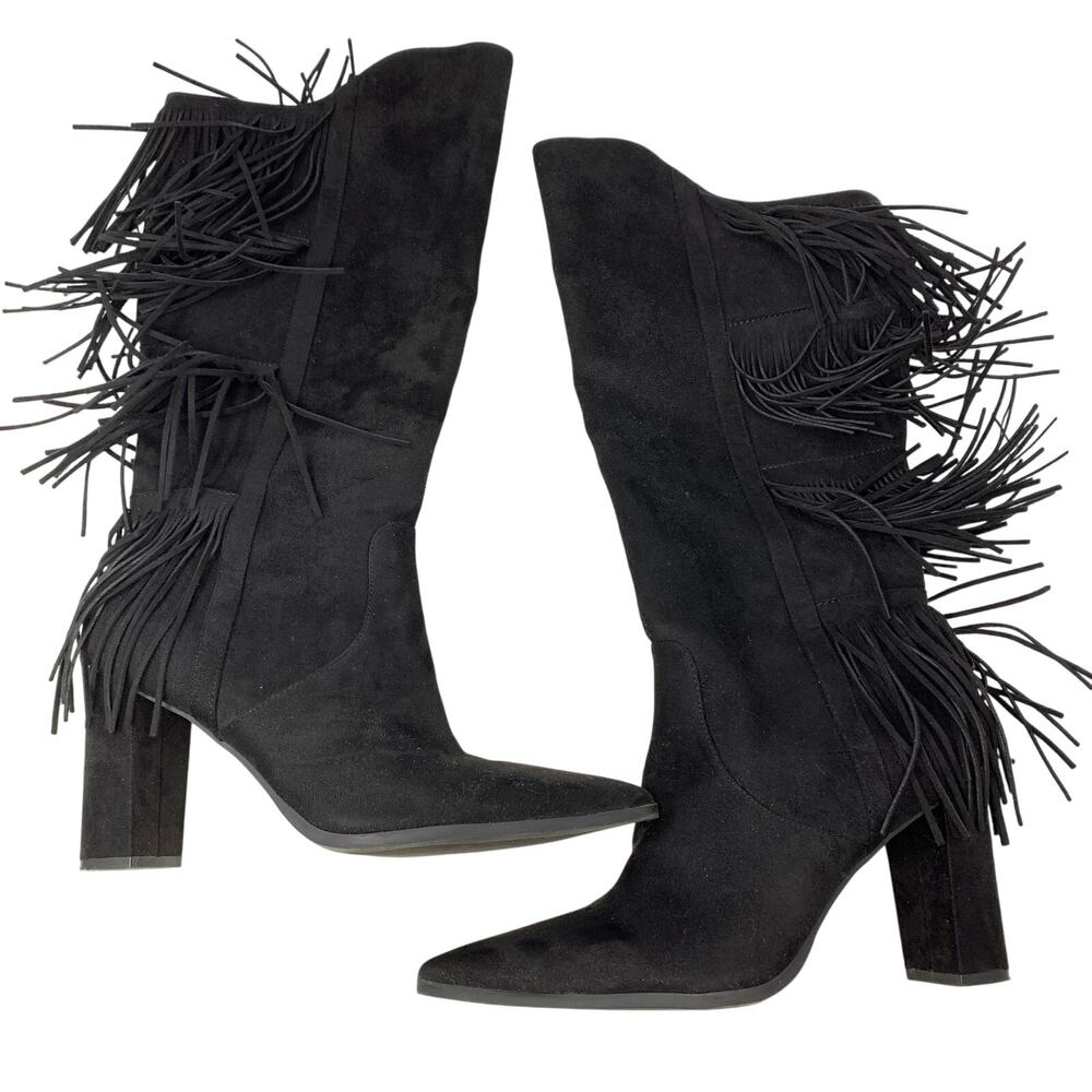 INC Yomesa Fringe Heeled Boots Womens Sz 10 Black Faux Suede Pointed Toe